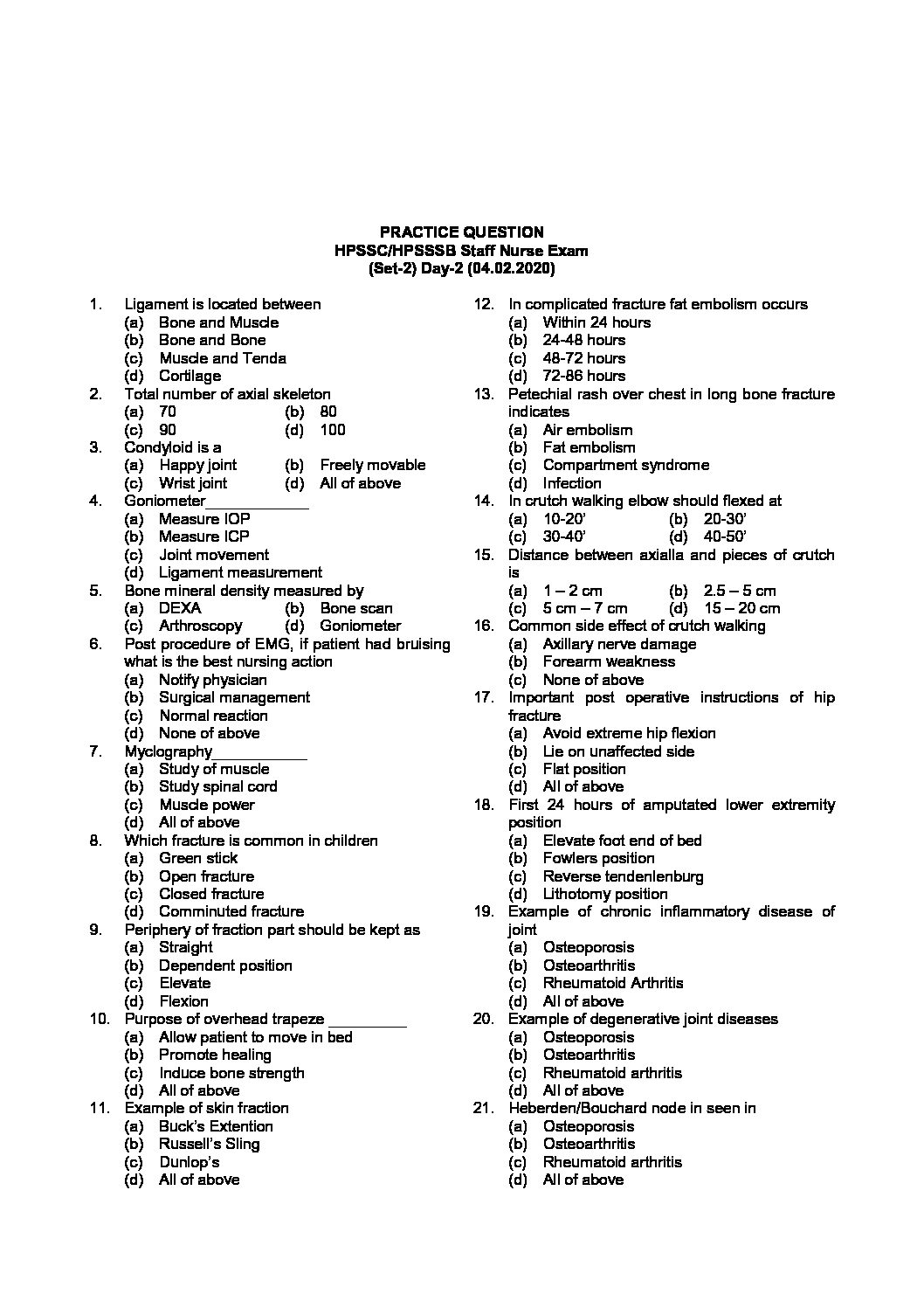 Practice Question HPPSC/HPSSSB Staff Nurse Exam (Set2) Day2 (04.02.