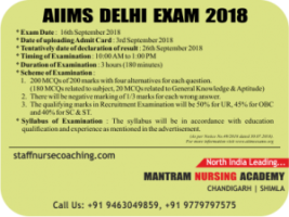 Staff Nurse AIIMS New Delhi Exam 2018