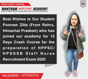 Best Wishes to Our Student Poonam Zilta (From Rohru, Himachal Pradesh) who has joined our academy for 15 Days Crash Course for the preparation of HPPSC/ HPSSSB Staff Nurse Recruitment Exam 2020